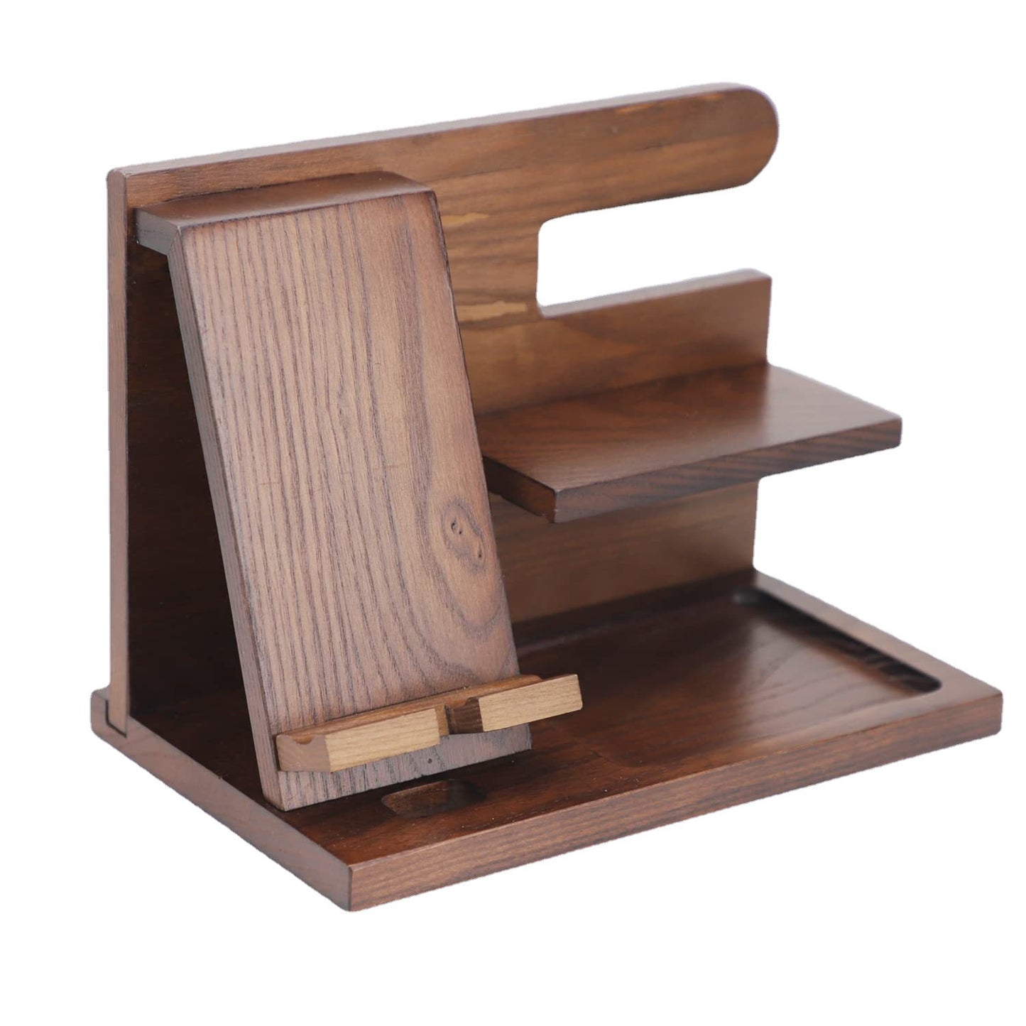 Creative Solid Wood Multi-functional Phone Stand with Charging Function, Office Desk Pine Wood Earphone and Small Item Organizer
