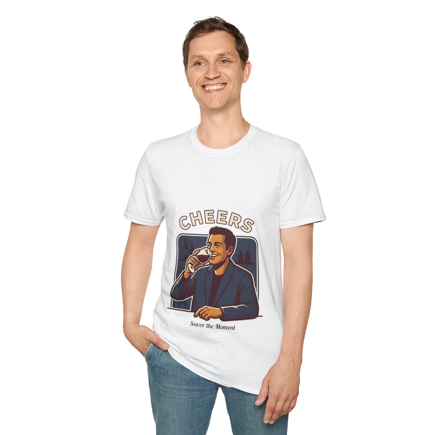 Cheers T-Shirt — Vintage Man Raising Glass "Savor the Moment" Graphic Tee