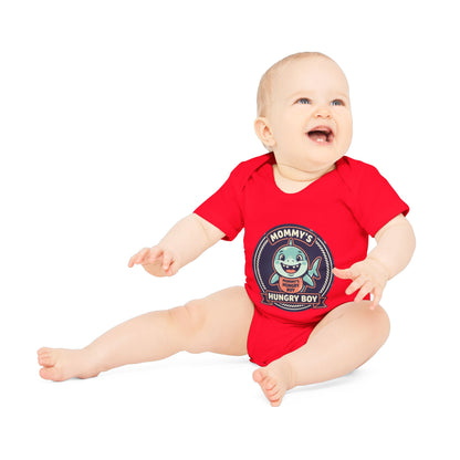 Baby Bodysuit – “Mommy’s Hungry Boy” Cute Shark Organic Short-Sleeve Onesie