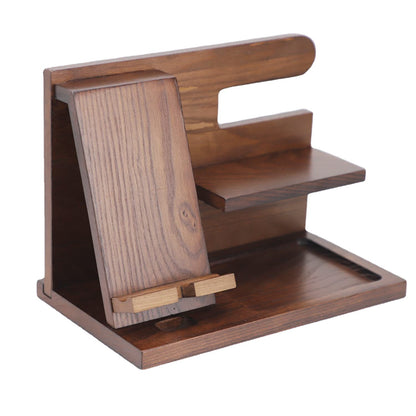 Creative Solid Wood Multi-functional Phone Stand with Charging Function, Office Desk Pine Wood Earphone and Small Item Organizer