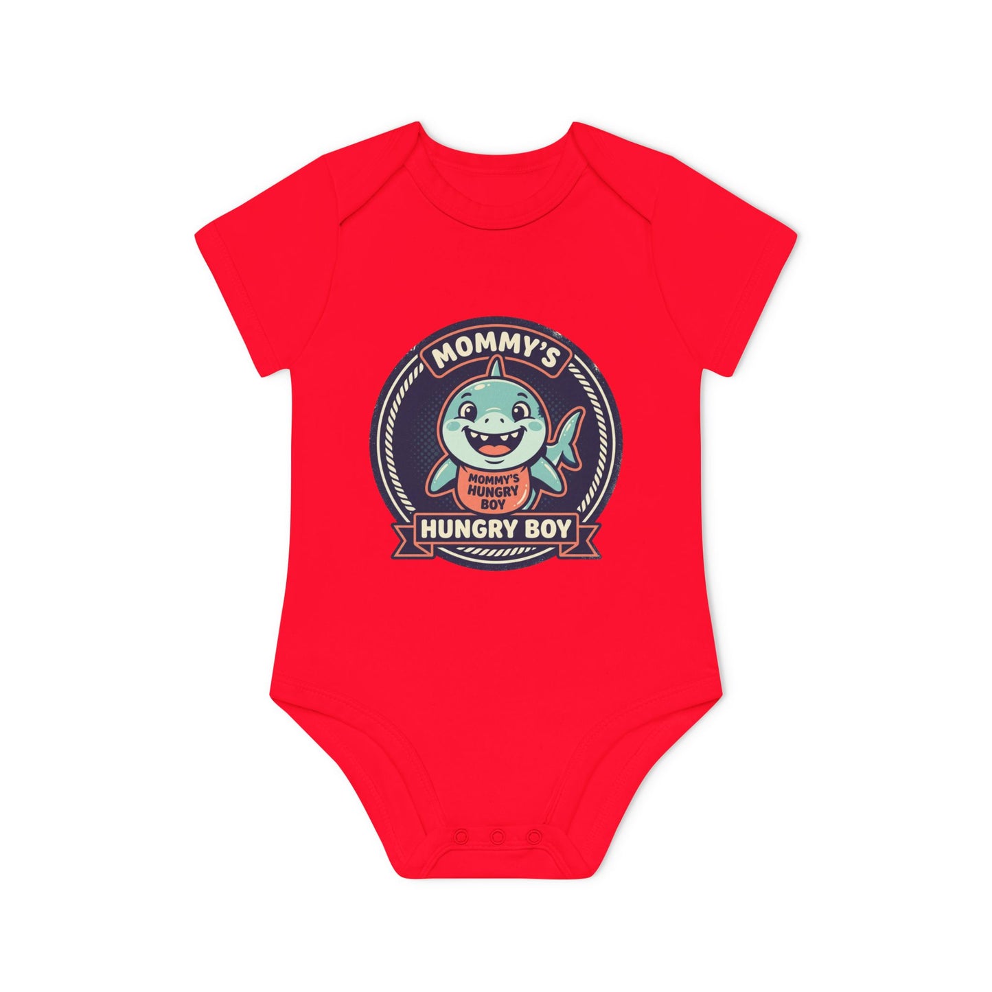 Baby Bodysuit – “Mommy’s Hungry Boy” Cute Shark Organic Short-Sleeve Onesie