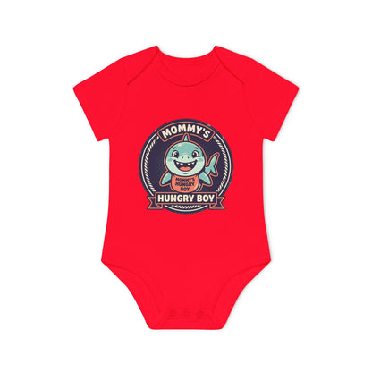 Baby Bodysuit – “Mommy’s Hungry Boy” Cute Shark Organic Short-Sleeve Onesie