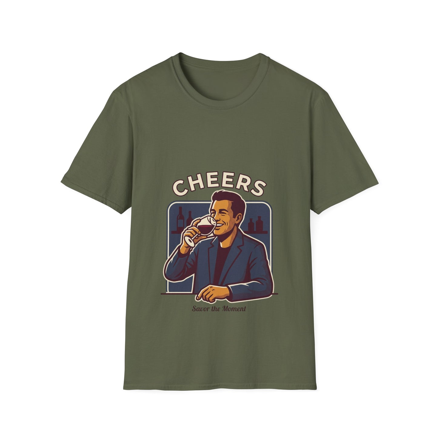Cheers T-Shirt — Vintage Man Raising Glass "Savor the Moment" Graphic Tee