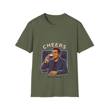 Cheers T-Shirt — Vintage Man Raising Glass "Savor the Moment" Graphic Tee