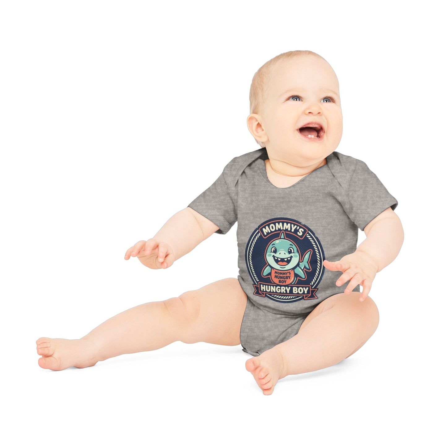 Baby Bodysuit – “Mommy’s Hungry Boy” Cute Shark Organic Short-Sleeve Onesie