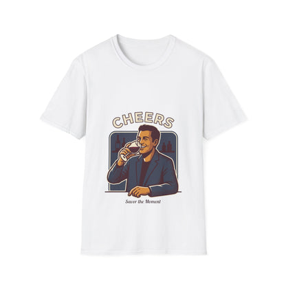 Cheers T-Shirt — Vintage Man Raising Glass "Savor the Moment" Graphic Tee