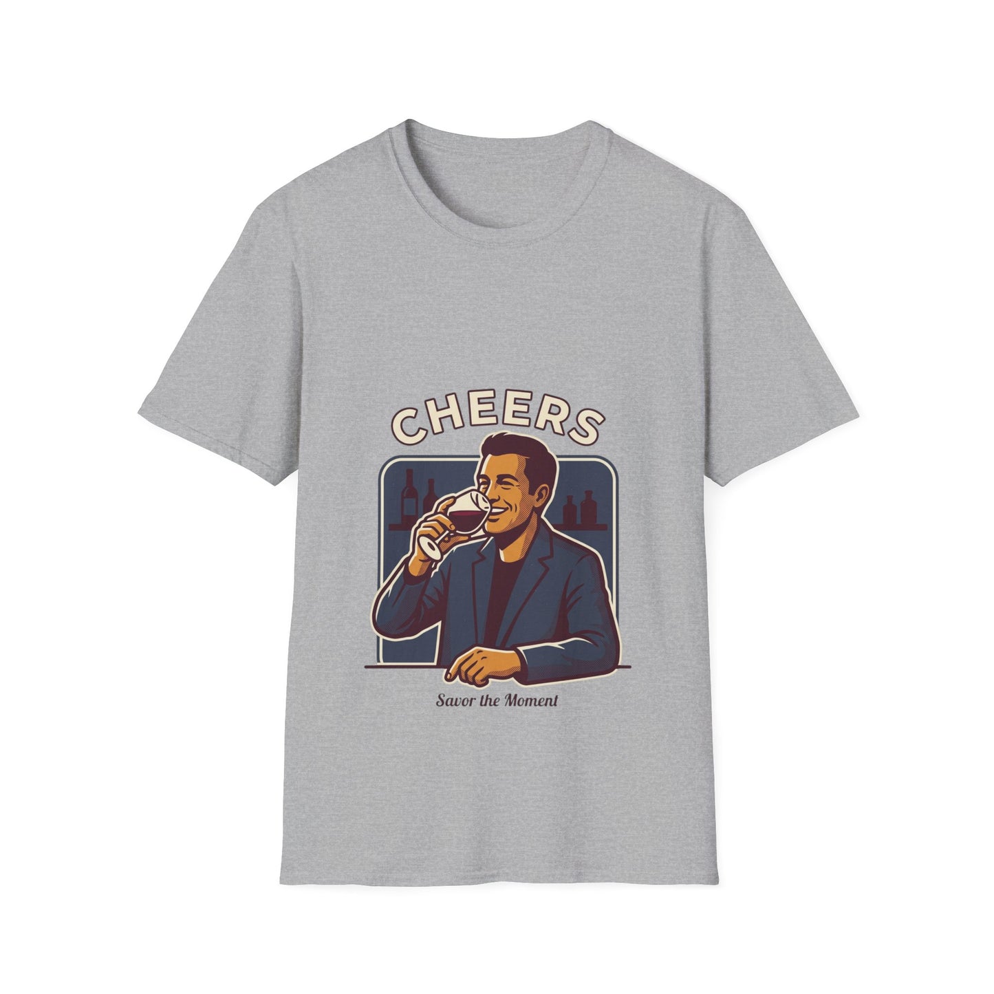 Cheers T-Shirt — Vintage Man Raising Glass "Savor the Moment" Graphic Tee
