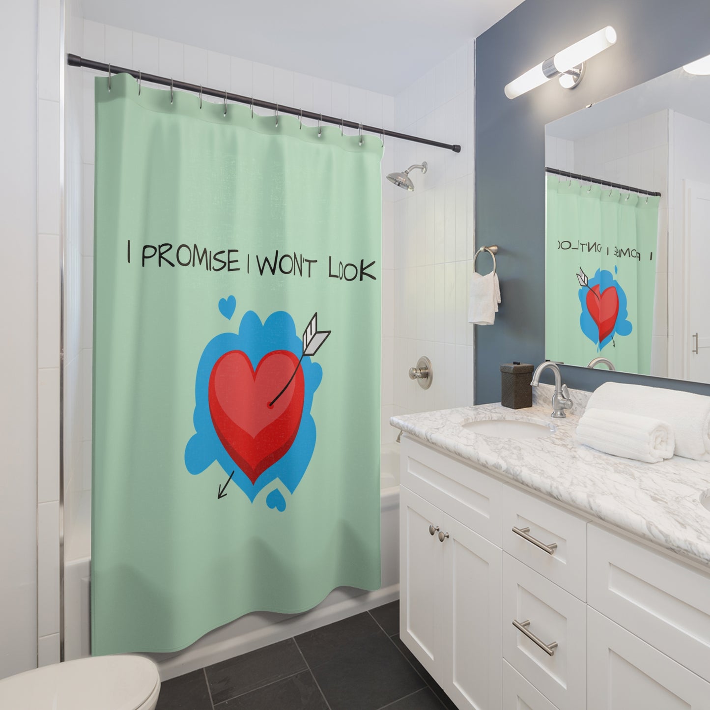I Promise I Won't Look Heart Shower Curtain — Cute Romantic Bathroom Decor