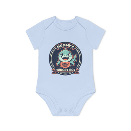 Baby Bodysuit – “Mommy’s Hungry Boy” Cute Shark Organic Short-Sleeve Onesie