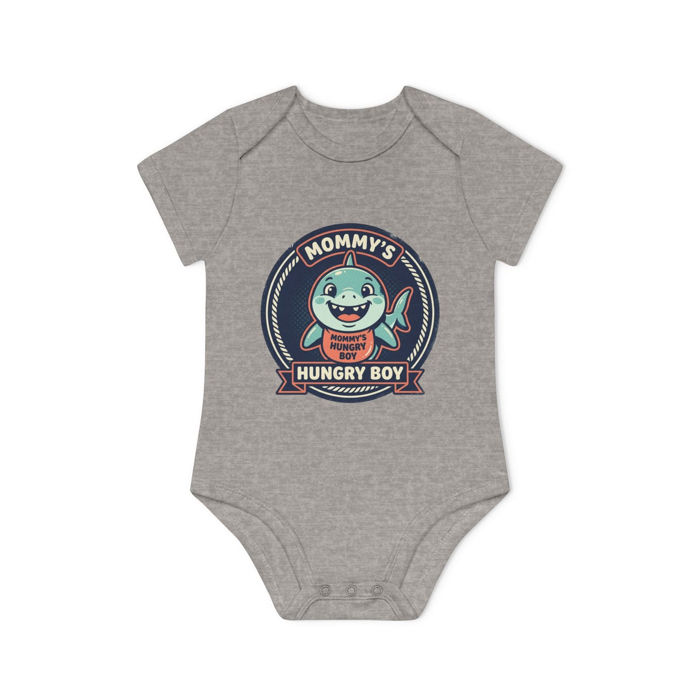 Baby Bodysuit – “Mommy’s Hungry Boy” Cute Shark Organic Short-Sleeve Onesie