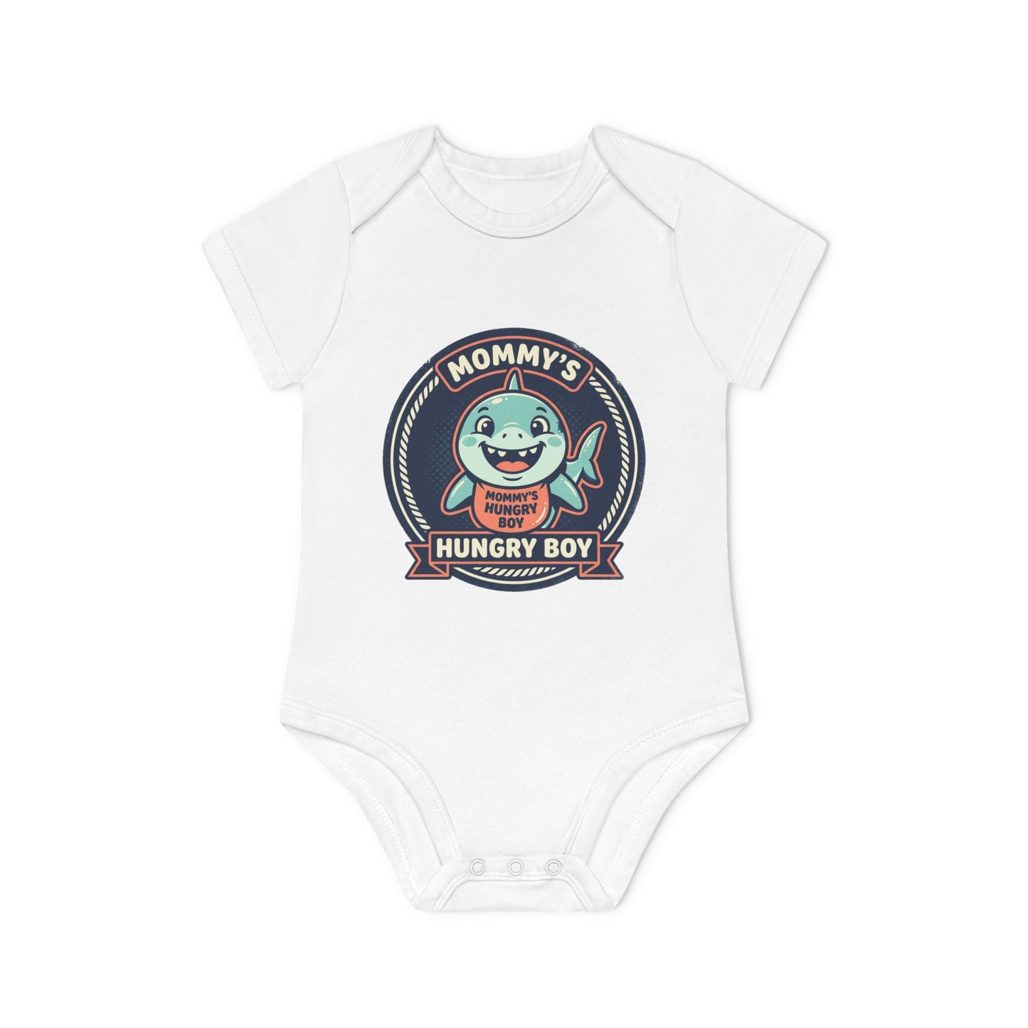Baby Bodysuit – “Mommy’s Hungry Boy” Cute Shark Organic Short-Sleeve Onesie