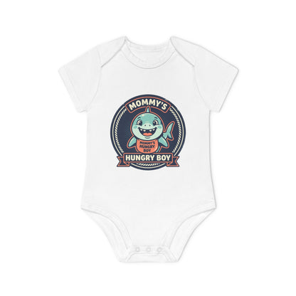 Baby Bodysuit – “Mommy’s Hungry Boy” Cute Shark Organic Short-Sleeve Onesie