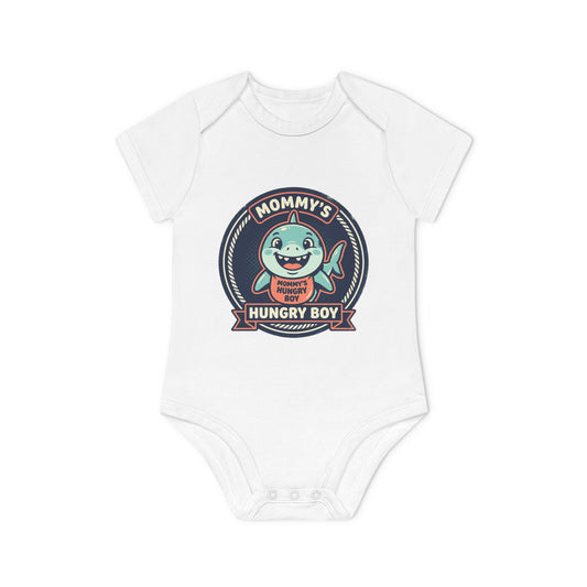 Baby Bodysuit – “Mommy’s Hungry Boy” Cute Shark Organic Short-Sleeve Onesie