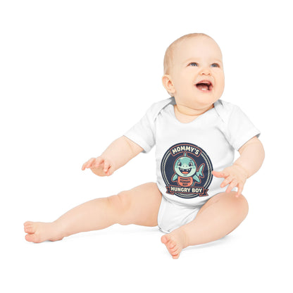 Baby Bodysuit – “Mommy’s Hungry Boy” Cute Shark Organic Short-Sleeve Onesie
