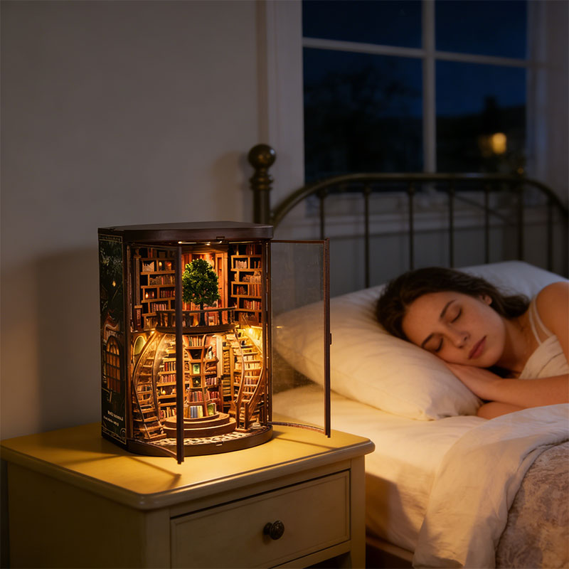 Book Nook Bookend - Wooden Miniature Building Kit with Lights