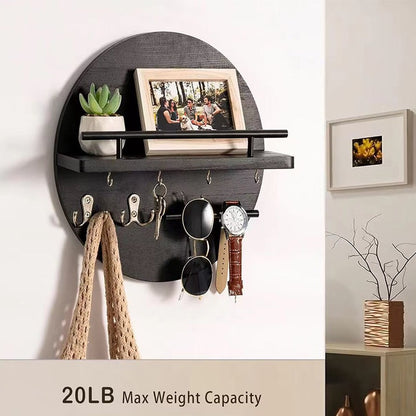 Houten Wandplank Rond - Retro Zwevende Plank met Sleutelhouder