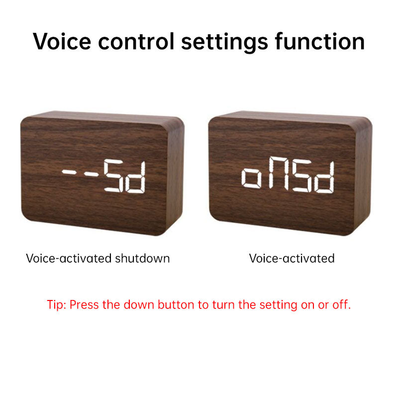 Wooden Digital Alarm Clock LED - Voice-activated Alarm Clock with Date and Temperature