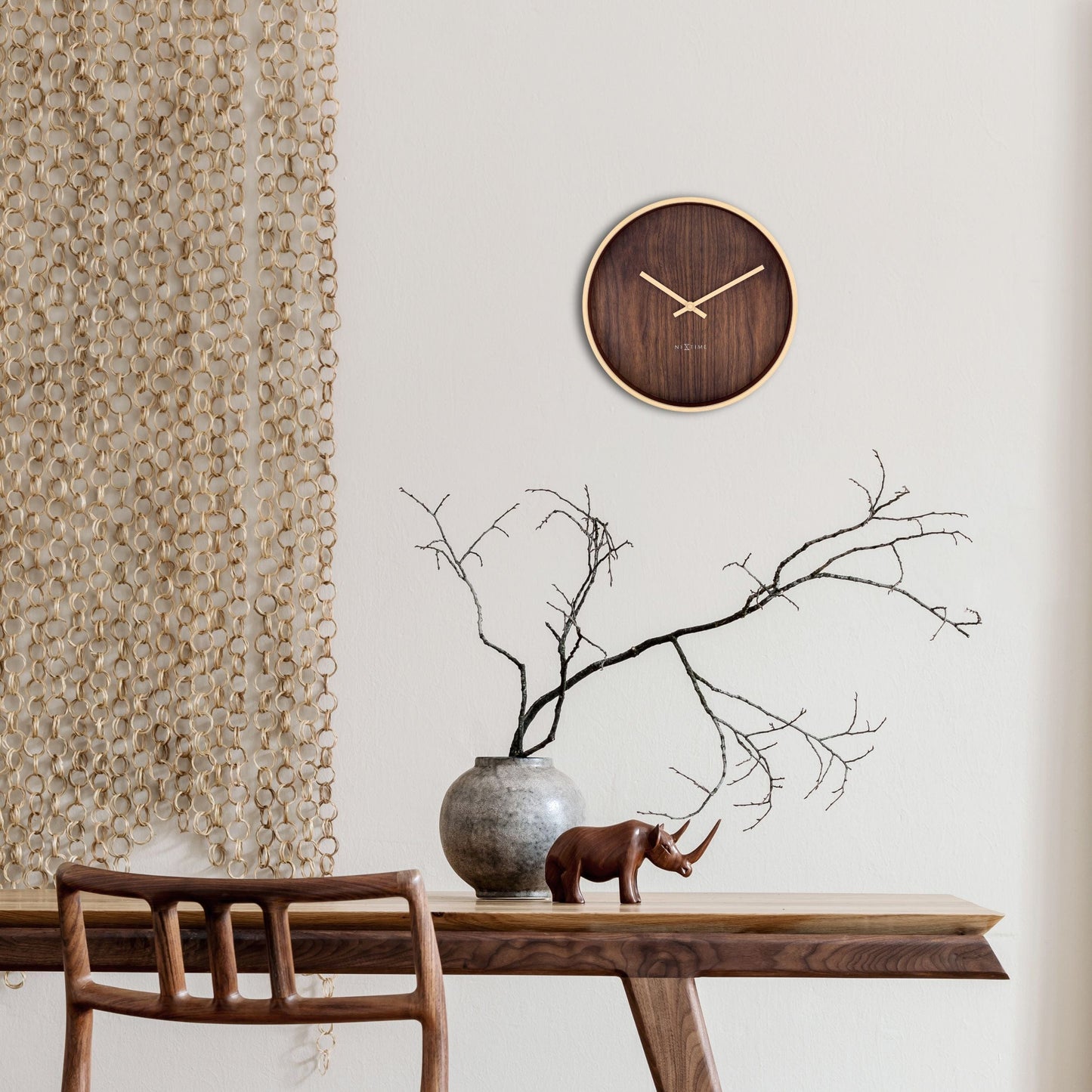 NeXtime Oslo Wandklok 30cm - Japandi Stijl - Donkerbruin/Lichtbruin