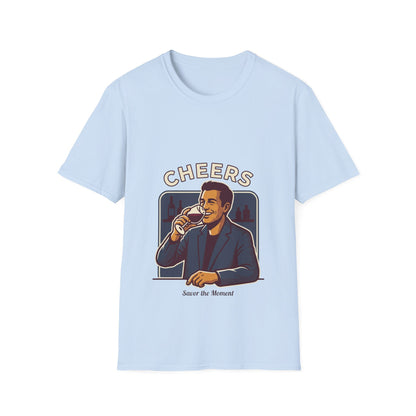 Cheers T-Shirt — Vintage Man Raising Glass "Savor the Moment" Graphic Tee
