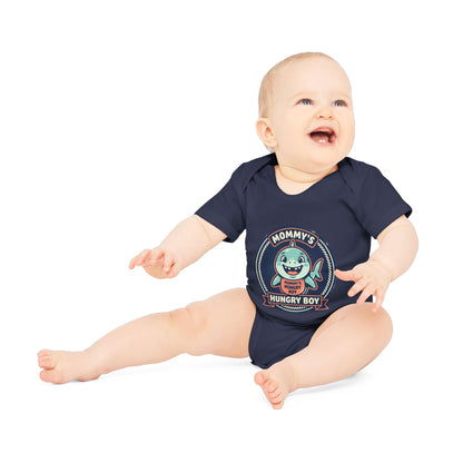 Baby Bodysuit – “Mommy’s Hungry Boy” Cute Shark Organic Short-Sleeve Onesie