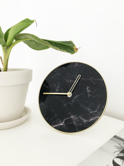 NeXtime Marble Tafelklok 20cm - Zwart Marmer Glas met Gouden Accenten