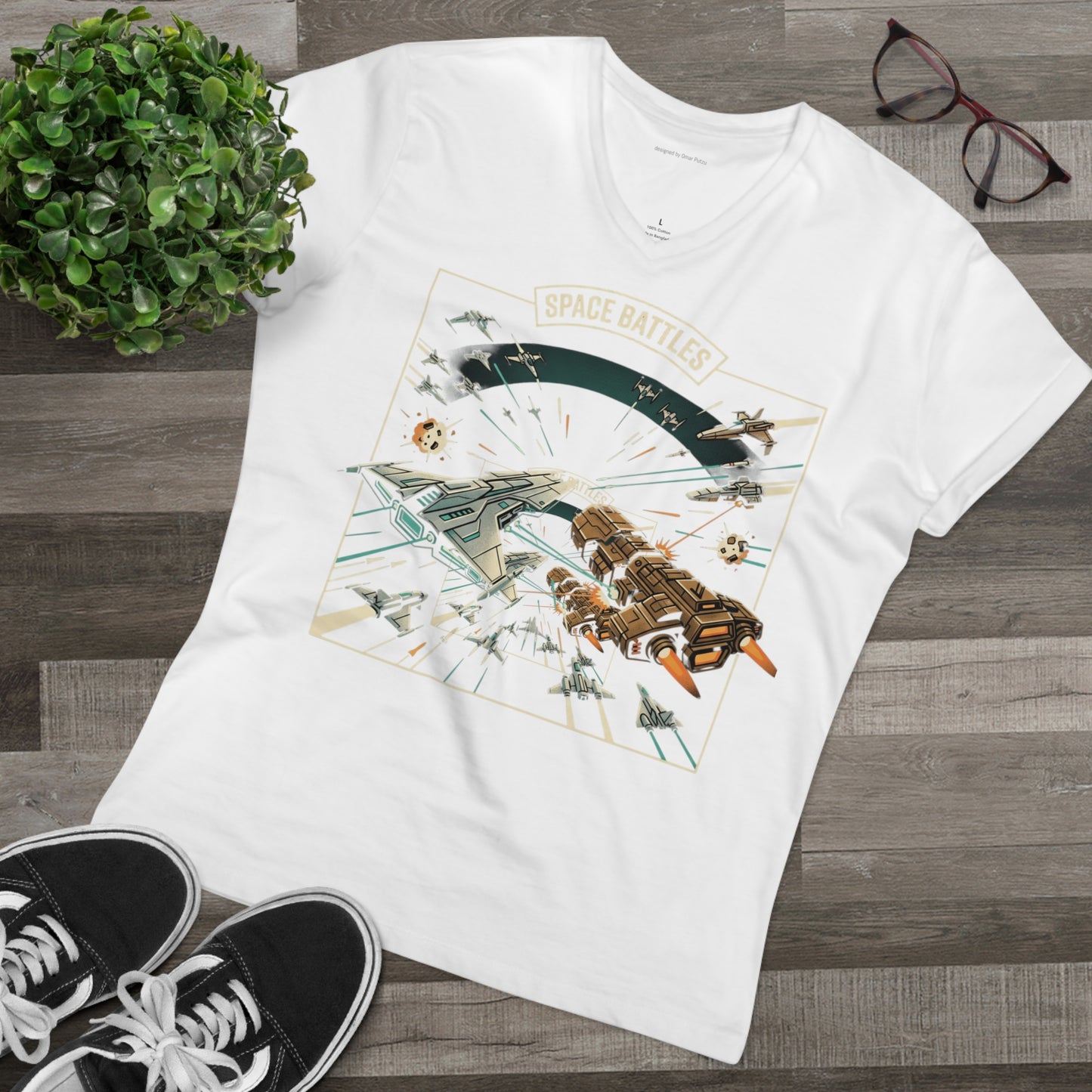 Space Battles V-Neck Tee — Retro Sci‑Fi Starship Graphic