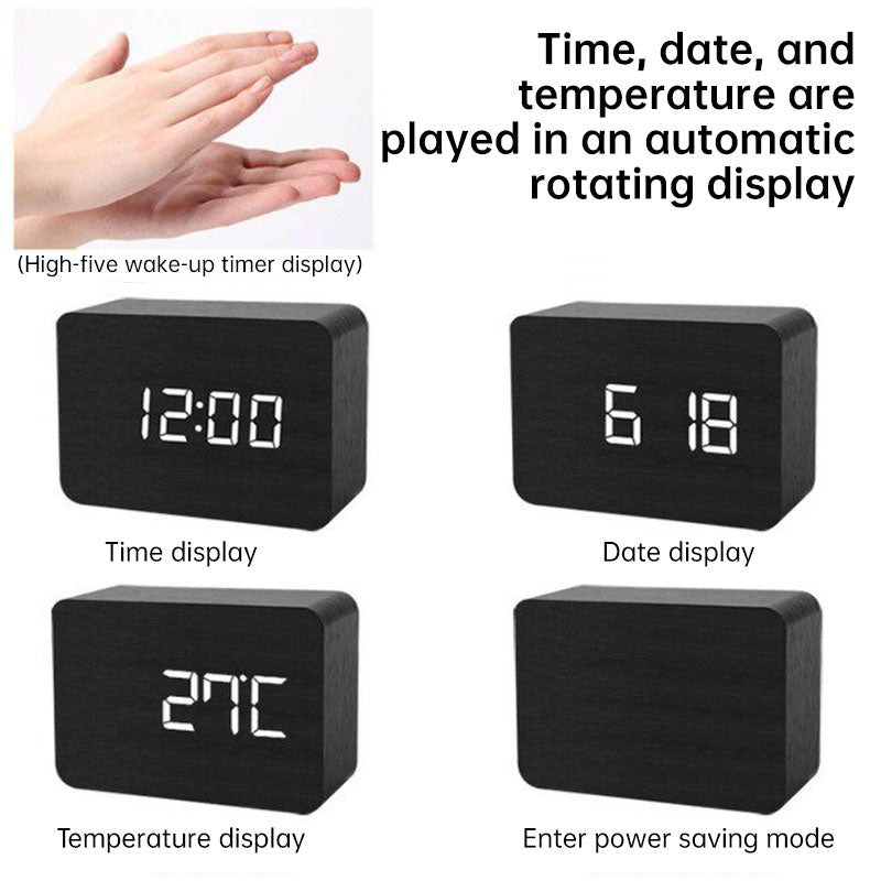 Wooden Digital Alarm Clock LED - Voice-activated Alarm Clock with Date and Temperature