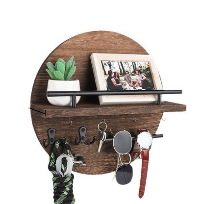 Houten Wandplank Rond - Retro Zwevende Plank met Sleutelhouder