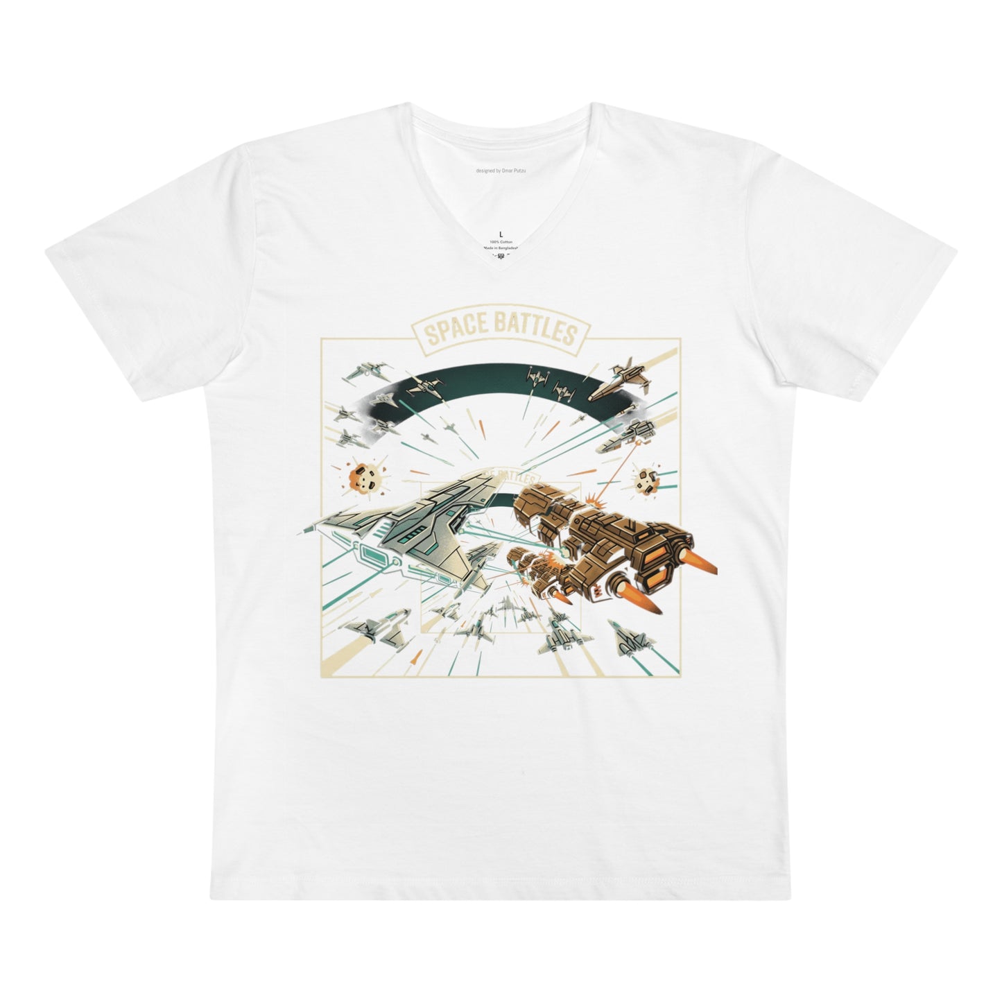 Space Battles V-Neck Tee — Retro Sci‑Fi Starship Graphic