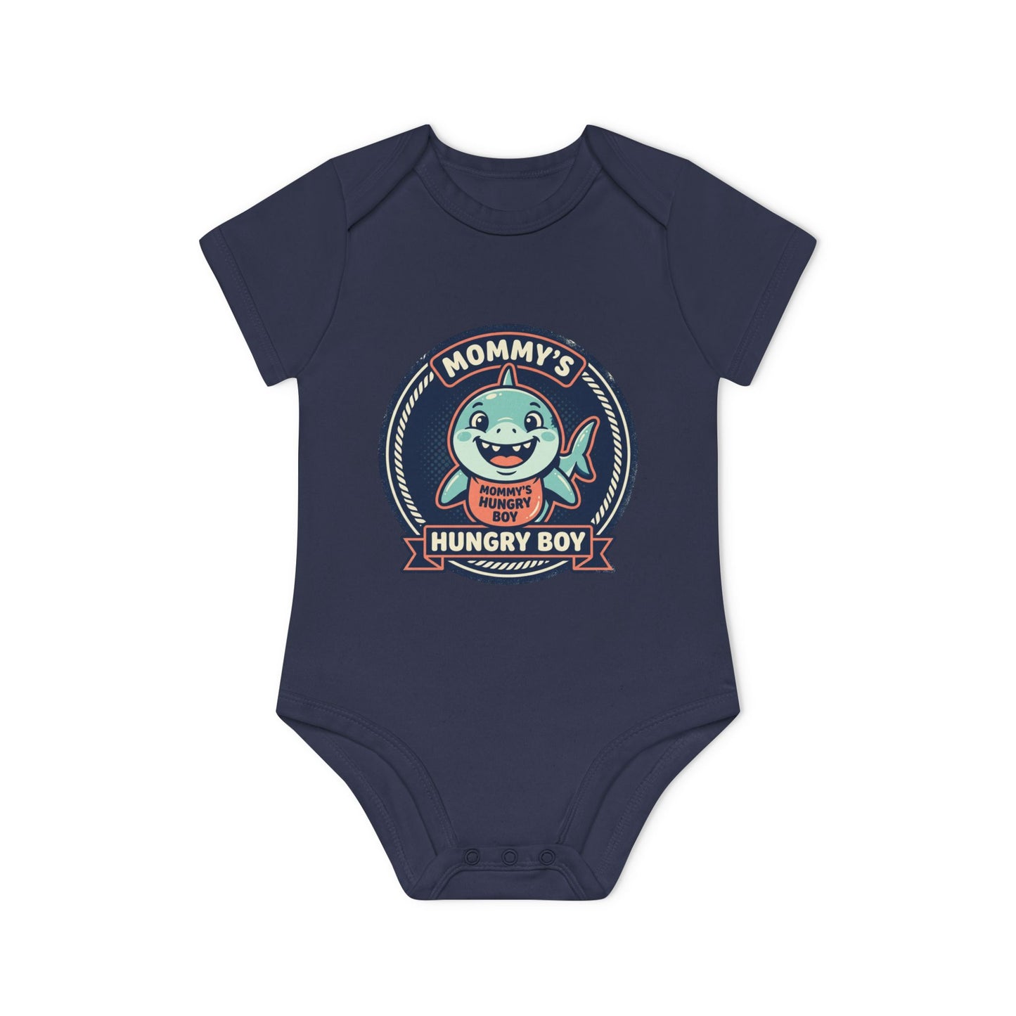 Baby Bodysuit – “Mommy’s Hungry Boy” Cute Shark Organic Short-Sleeve Onesie