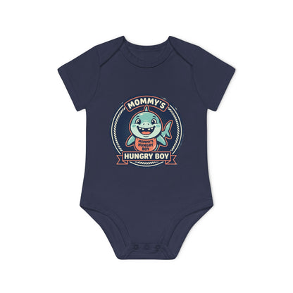 Baby Bodysuit – “Mommy’s Hungry Boy” Cute Shark Organic Short-Sleeve Onesie