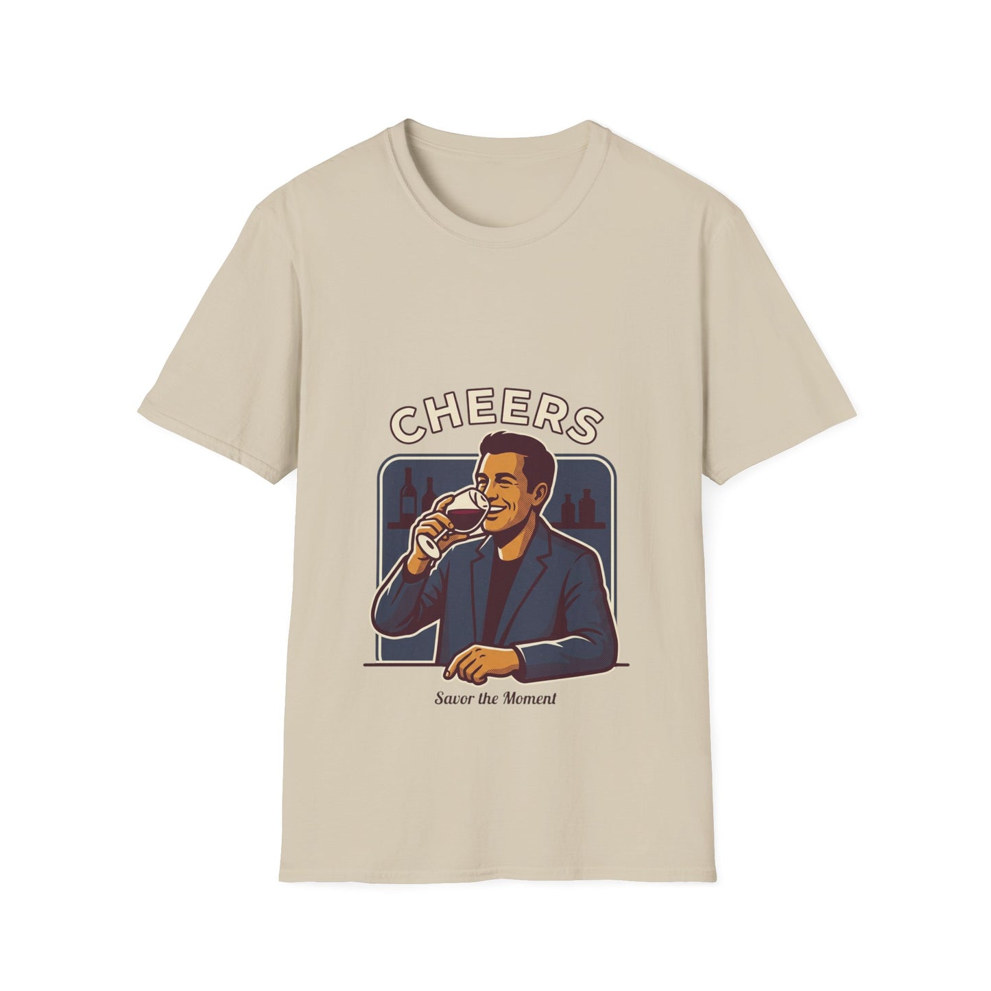 Cheers T-Shirt — Vintage Man Raising Glass "Savor the Moment" Graphic Tee