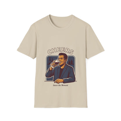 Cheers T-Shirt — Vintage Man Raising Glass "Savor the Moment" Graphic Tee