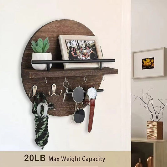 Houten Wandplank Rond - Retro Zwevende Plank met Sleutelhouder