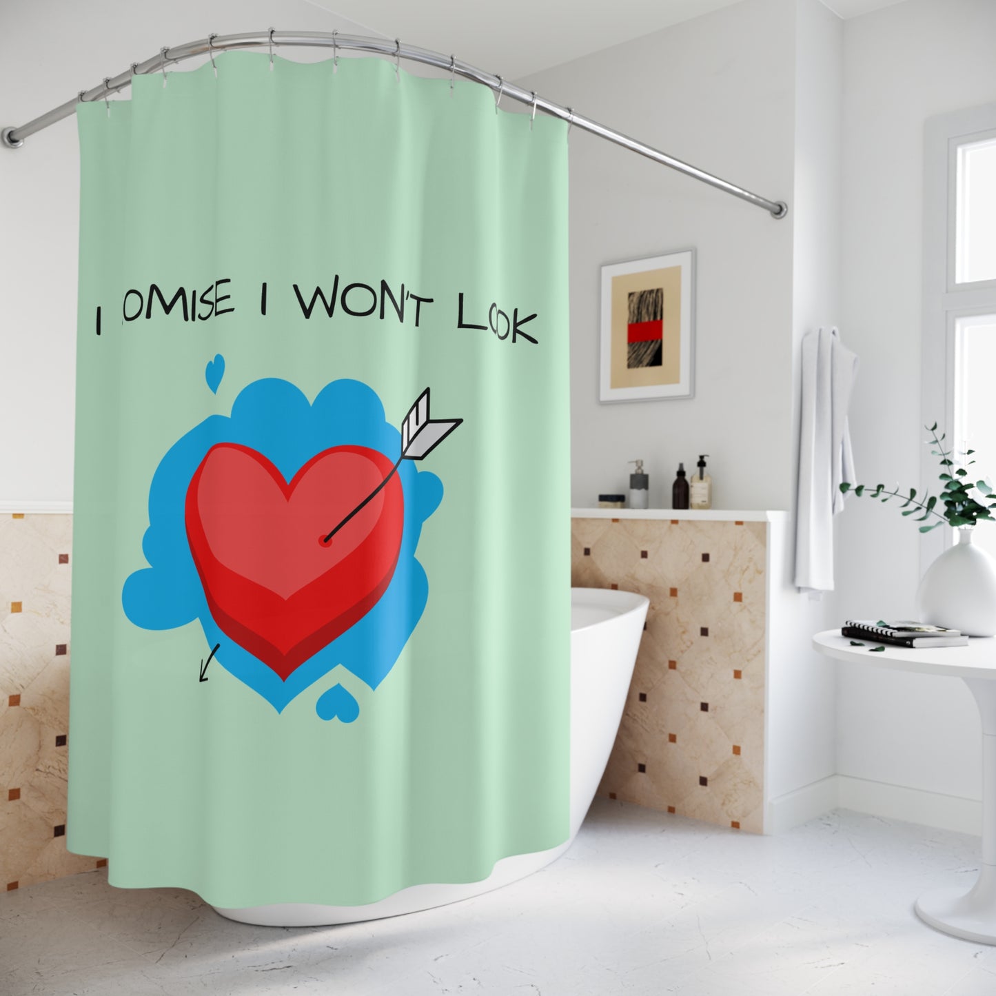 I Promise I Won't Look Heart Shower Curtain — Cute Romantic Bathroom Decor