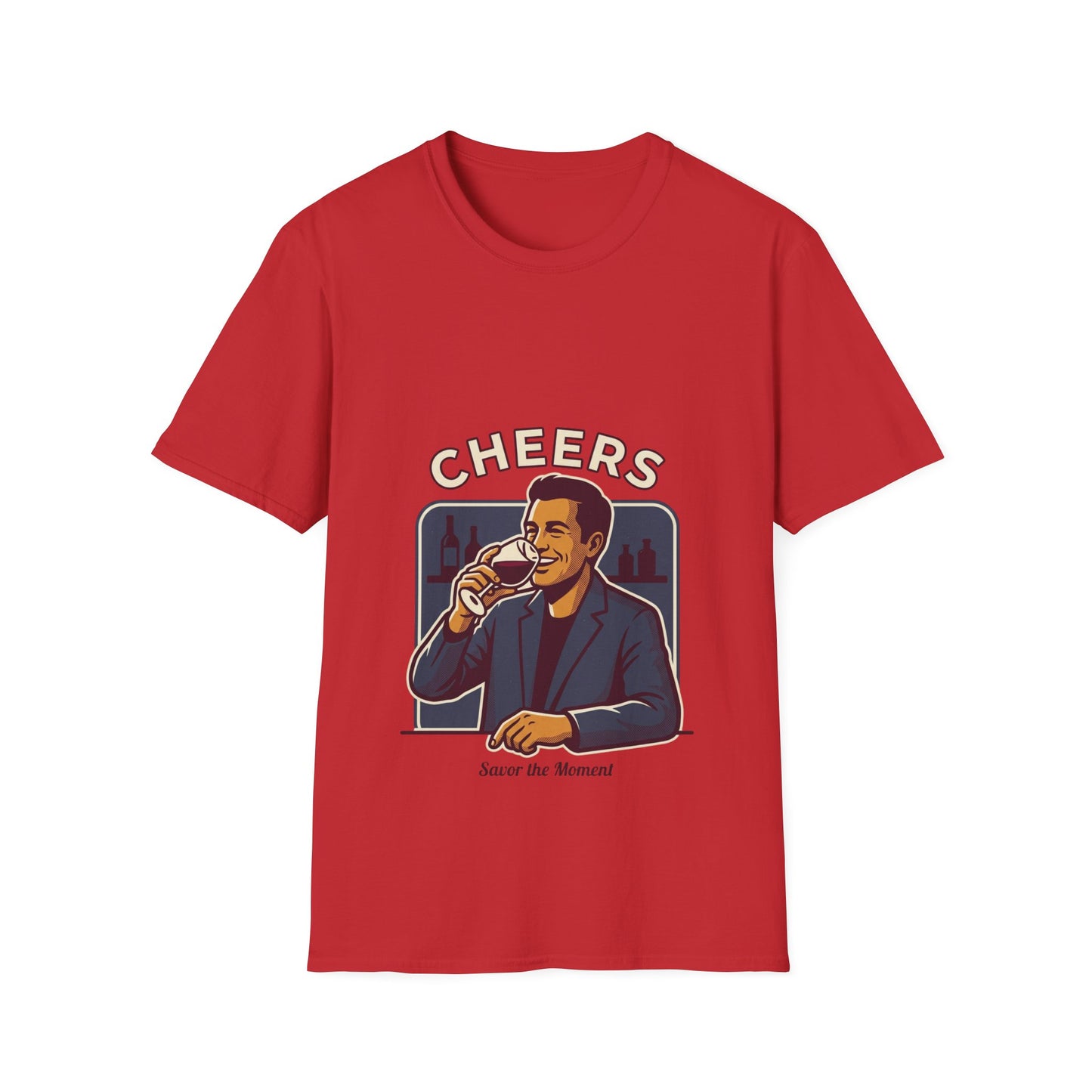 Cheers T-Shirt — Vintage Man Raising Glass "Savor the Moment" Graphic Tee