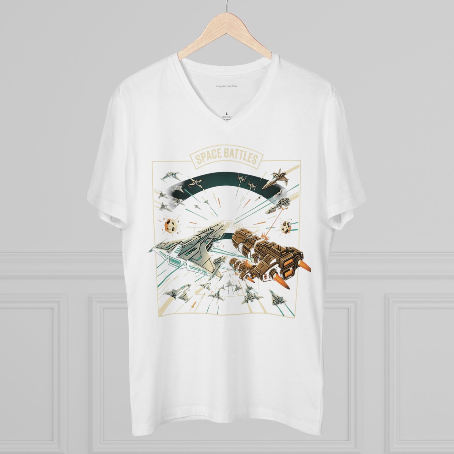 Space Battles V-Neck Tee — Retro Sci‑Fi Starship Graphic