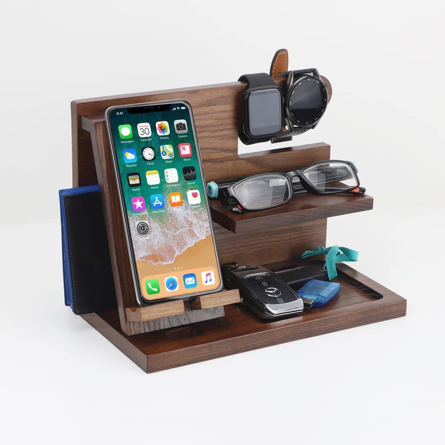 Creative Solid Wood Multi-functional Phone Stand with Charging Function, Office Desk Pine Wood Earphone and Small Item Organizer