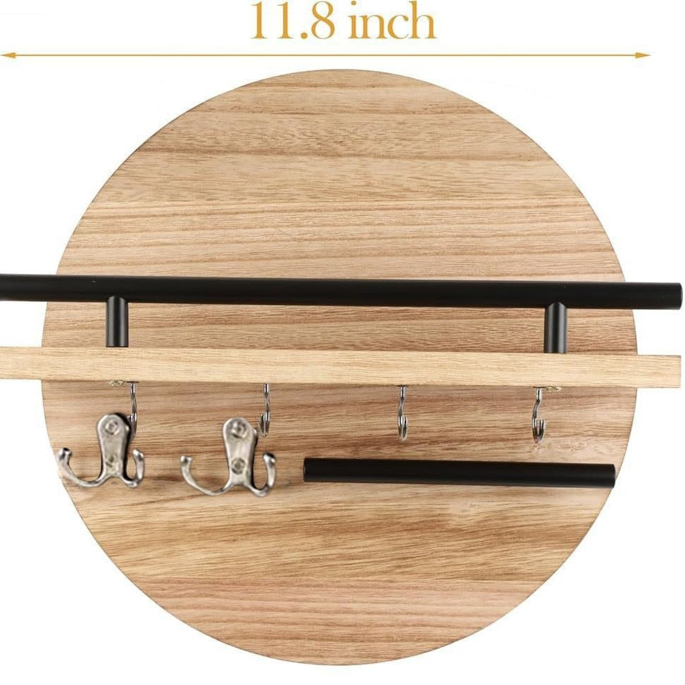 Houten Wandplank Rond - Retro Zwevende Plank met Sleutelhouder