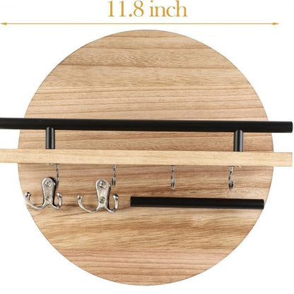 Houten Wandplank Rond - Retro Zwevende Plank met Sleutelhouder