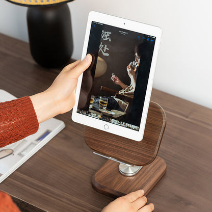 Walnoothout Tablet Standaard - Verstelbare Draaibare Houder voor Bureau