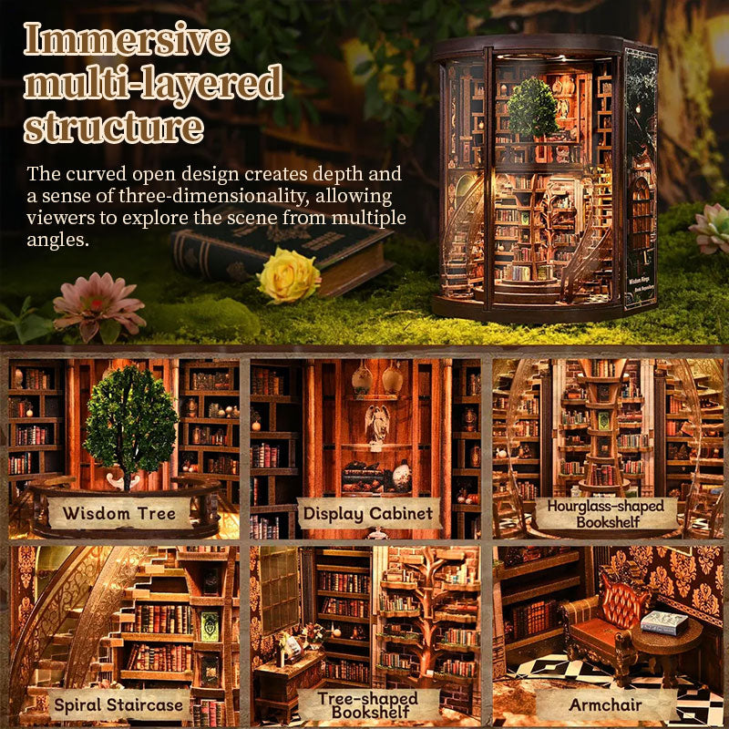 Book Nook Bookend - Wooden Miniature Building Kit with Lights