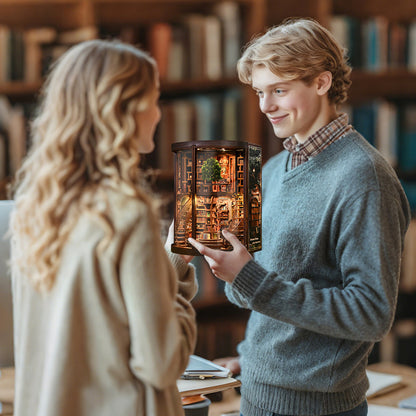 Book Nook Bookend - Wooden Miniature Building Kit with Lights