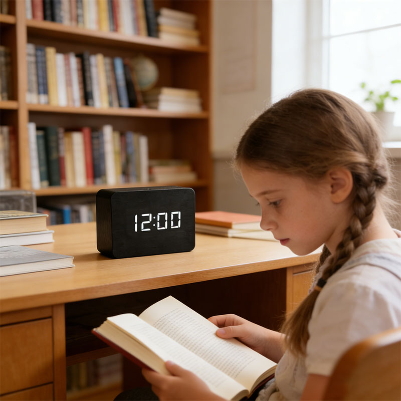 Wooden Digital Alarm Clock LED - Voice-activated Alarm Clock with Date and Temperature