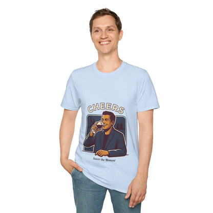 Cheers T-Shirt — Vintage Man Raising Glass "Savor the Moment" Graphic Tee