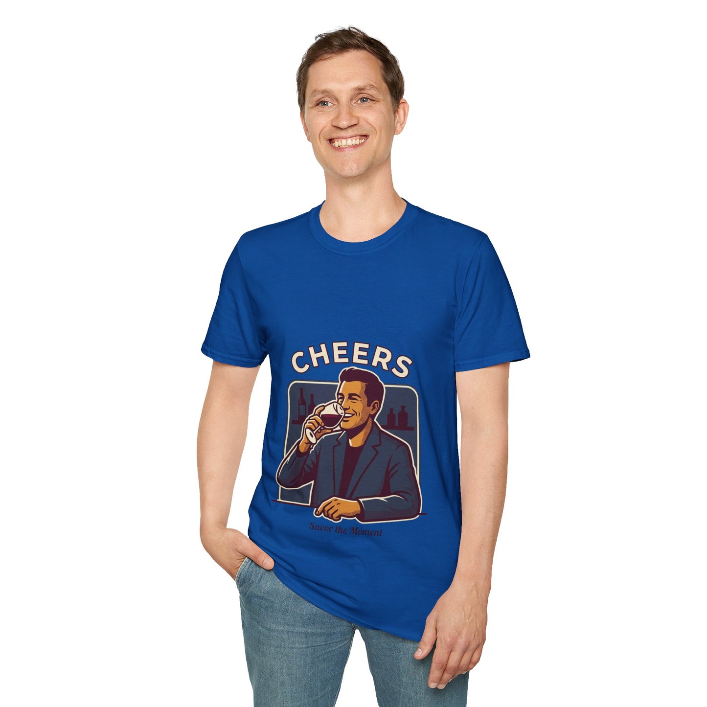 Cheers T-Shirt — Vintage Man Raising Glass "Savor the Moment" Graphic Tee