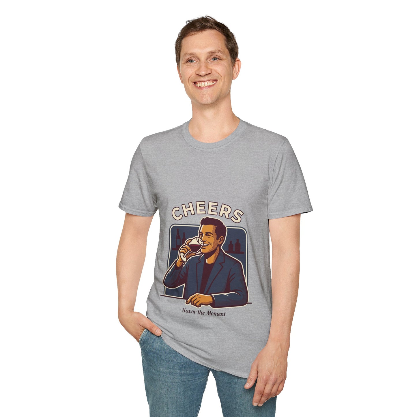 Cheers T-Shirt — Vintage Man Raising Glass "Savor the Moment" Graphic Tee