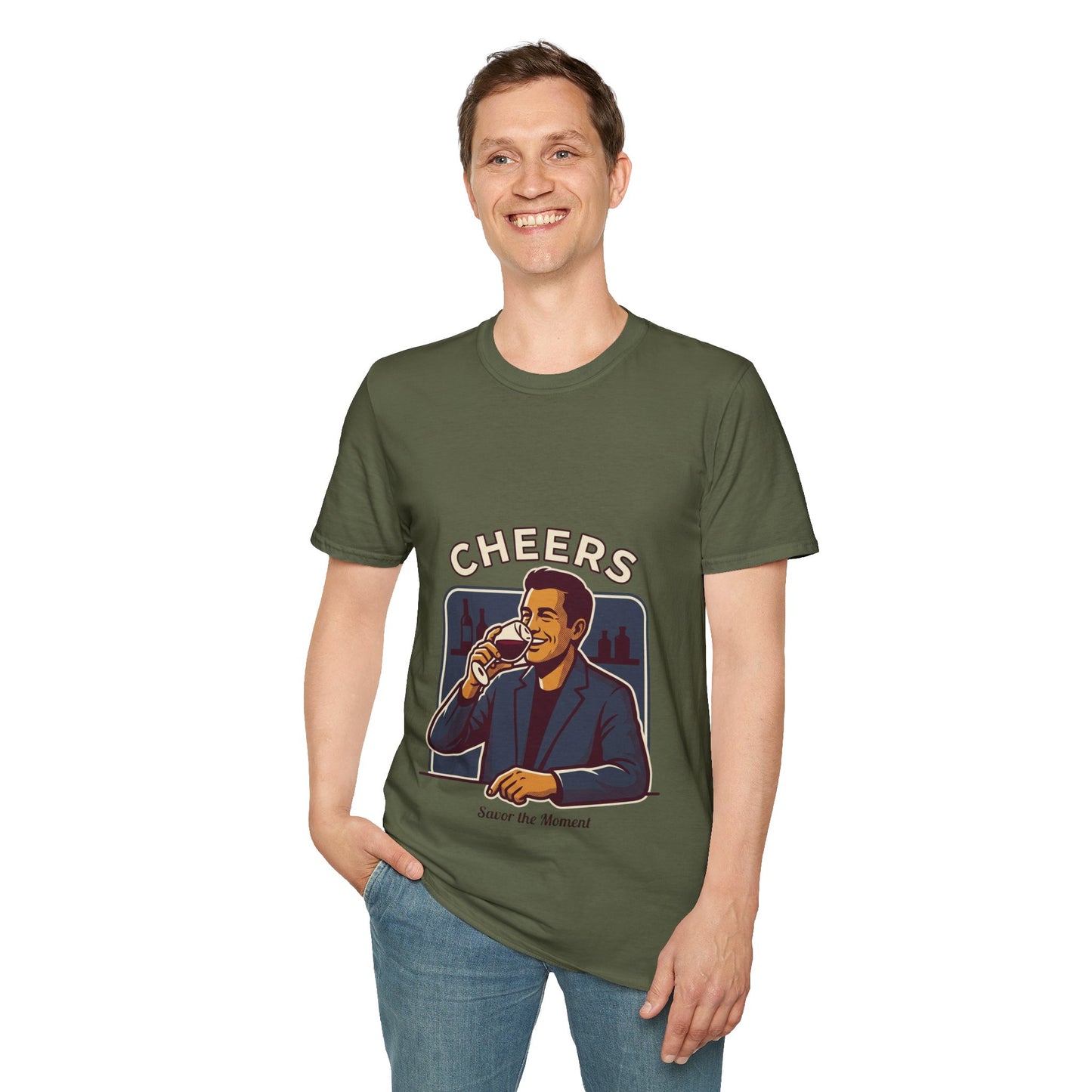 Cheers T-Shirt — Vintage Man Raising Glass "Savor the Moment" Graphic Tee