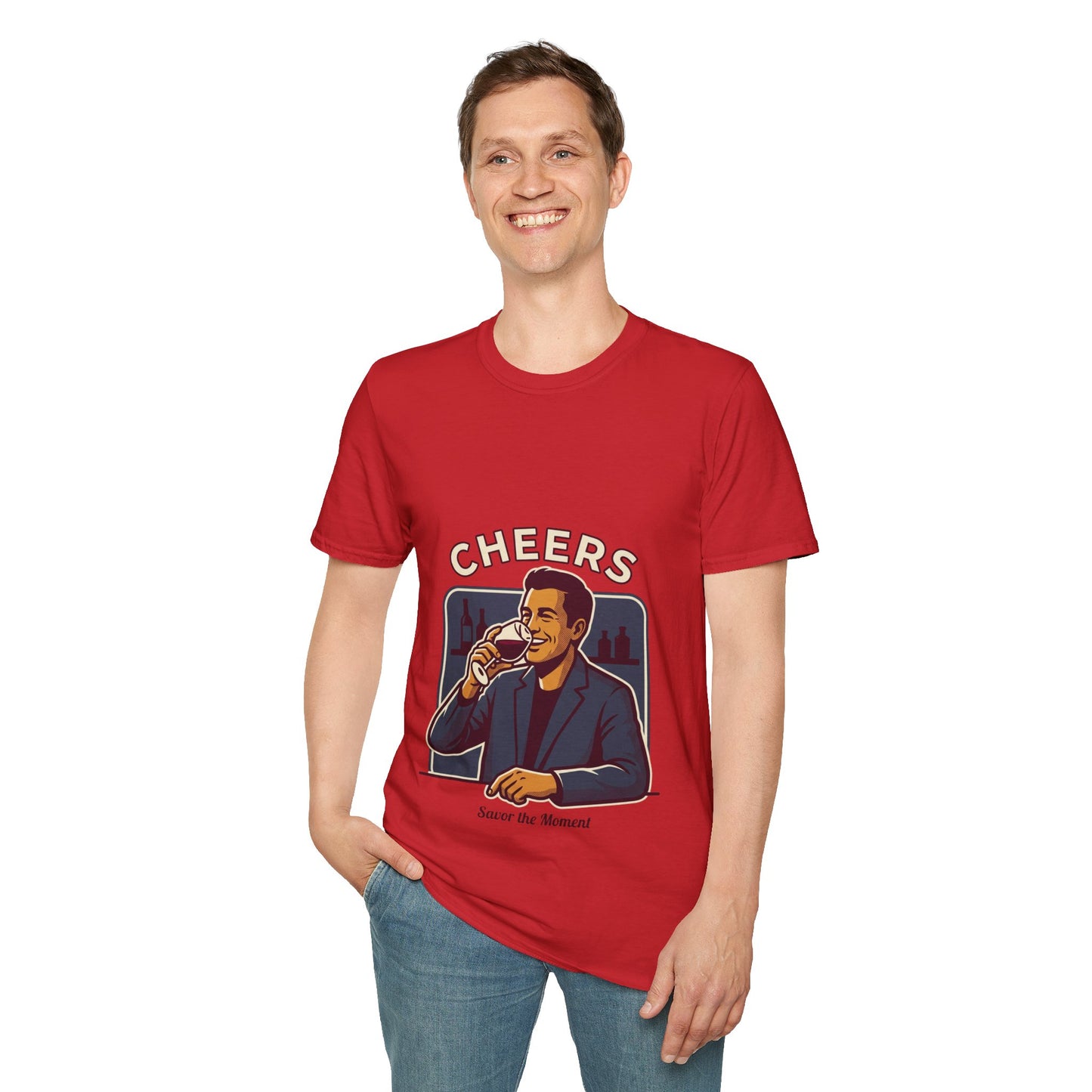 Cheers T-Shirt — Vintage Man Raising Glass "Savor the Moment" Graphic Tee
