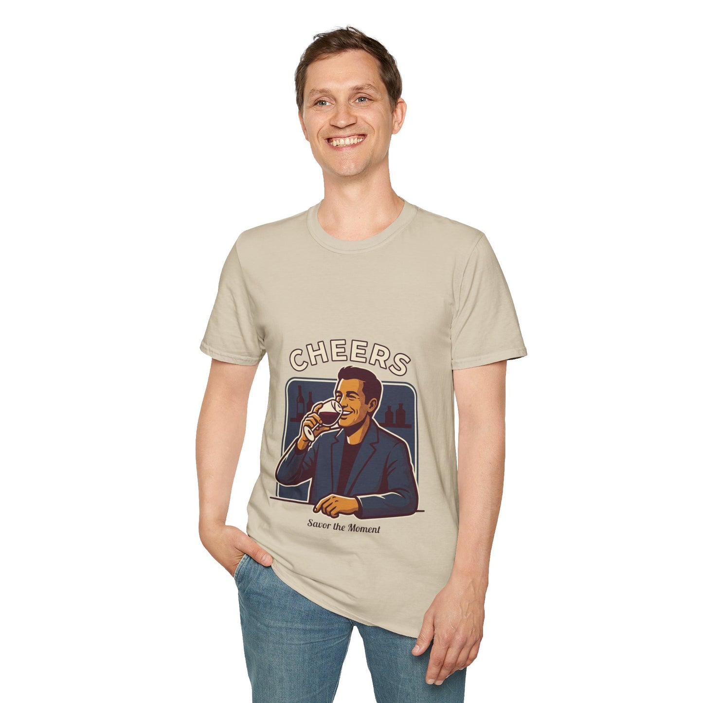 Cheers T-Shirt — Vintage Man Raising Glass "Savor the Moment" Graphic Tee